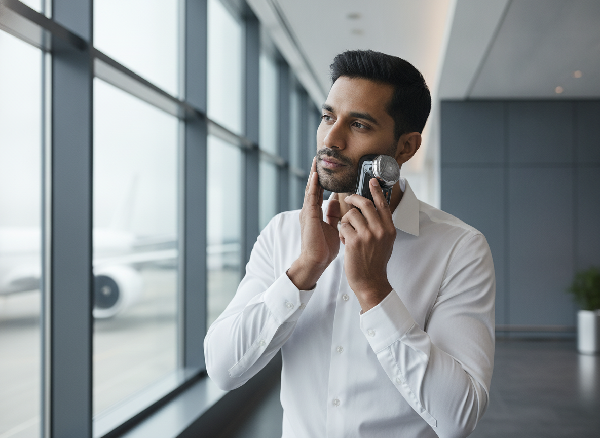 A South Asian man shaves his face with a portable mini electric shaver in a bright, modern airport lounge.