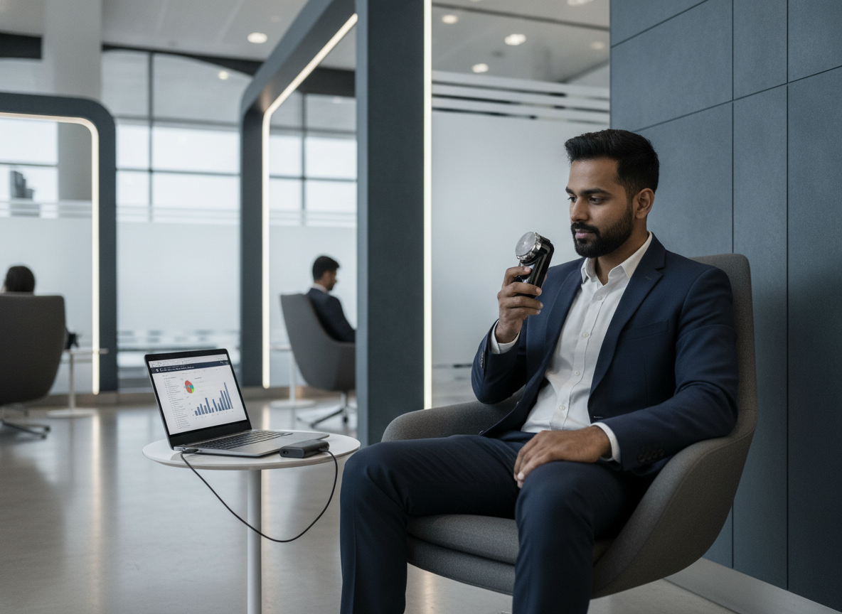 South Asian man shaves with a black portable mini electric shaver in a modern airport lounge, laptop and power bank nearby.