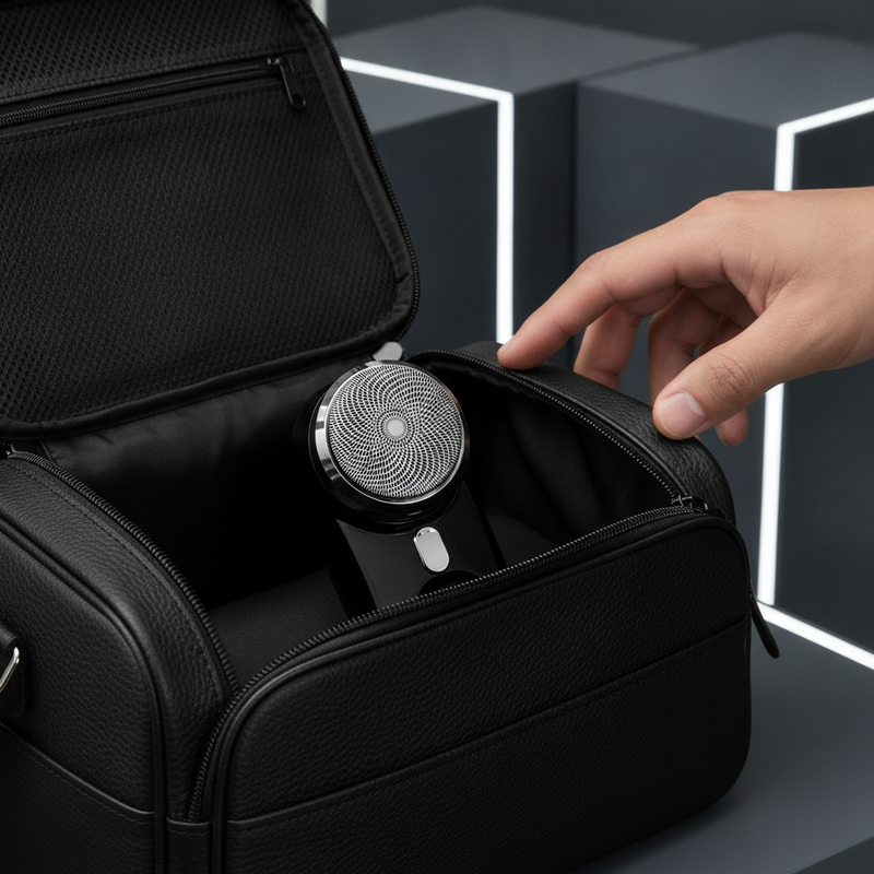 Close-up of a portable mini electric shaver with a matte finish, resting in a black leather carry-on bag, with a hand reachin
