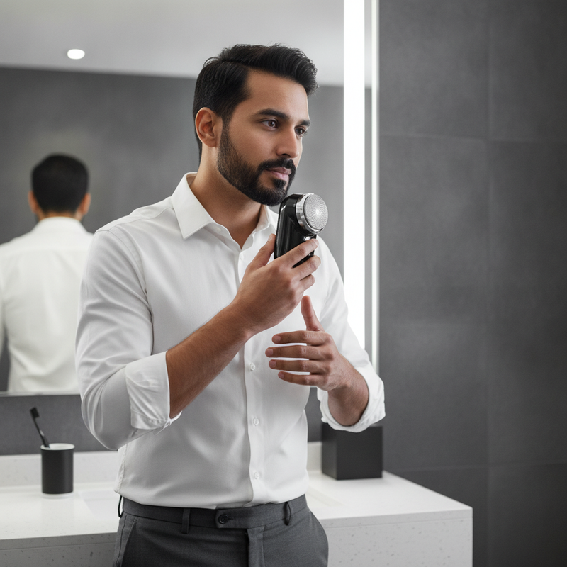 A South Asian man shaves his beard with a black Portable Mini Electric Shaver in a modern, minimalist hotel bathroom.
