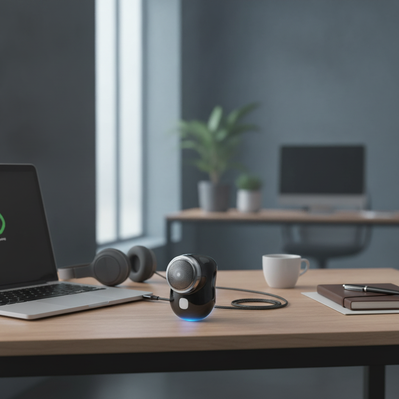 A black Portable Mini Electric Shaver charging via a USB cable connected to a laptop on a desk in a modern office in Pune, In